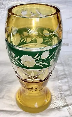 Buy Czech Bohemian Vintage Yellow & Green Cut To Clear Crystal Glass Vase 8.5” Tall • 38.06£