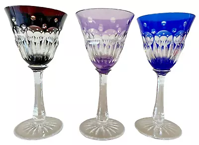 Buy Vtg Set Of 3 Multicolor BOHEMIAN Cut To Clear Crystal GOBLETS Cobalt Blue Choco • 26.88£
