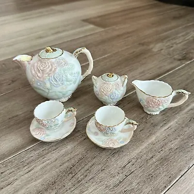 Buy Miniature Tea Set 3D Rose Floral Design 7 Pieces Children Doll Porcelain Pastel • 28.82£