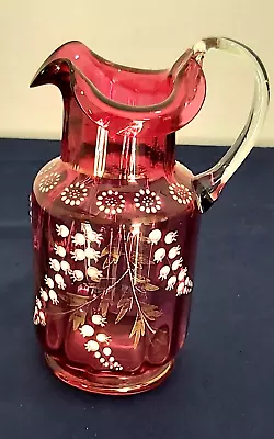 Buy Superb Antique Decorated Cranberry Glass Jug With Pontil In Very Good Condition • 25£