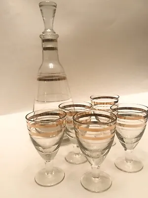Buy Vintage Crystal Decanter With Gold Rings Handmade USSR 5 Cordial Sherry Glasses • 47.42£