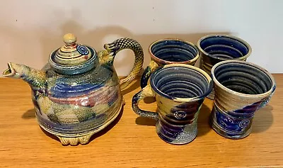 Buy Michael Kennedy Irish Studio Pottery Teapot And Cups -  Fish Scale Handle • 14.50£