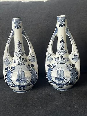 Buy Antique Matched Pair Blue & White Delfts Porcelain Vases Vessels Rare Signed  • 74.99£