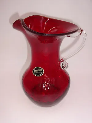 Buy Vintage Red Kanawha Hand Crafted Glassware Crackle Glass Pitcher Clear Handle 7  • 33.20£