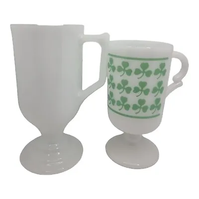 Buy Vintage Milk Glass Mugs Cups X 2 Pedestal Pyrex Irish Four Leaf Clover Retro • 24.75£