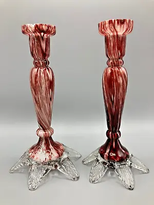 Buy Antique Bohemian Welz Red & White Swirl Glass Candlesticks - Some Damage • 34.99£