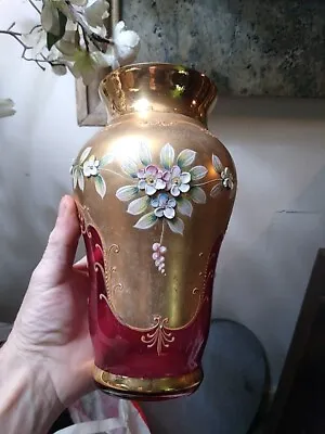 Buy Bohemian Czech Gold Enamel Floral Hand Cut Ruby Vase 20.5 Cm • 46£