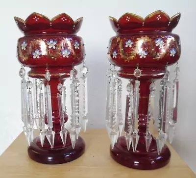 Buy Pair Ruby Red Glass Mantle Lusters Hand Painted Candle Holders Bohemian Prisms • 571.93£