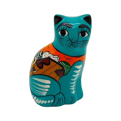 Buy Talavera Mexican Cat Figurine - 3  Small Blue Green Colorful Folk Art Pottery • 14.59£