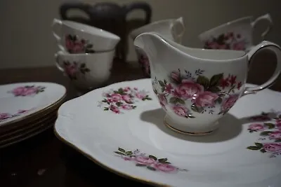 Buy QUEEN ANNE Bone China TEA SET  Pink Roses CUP PLATE TRAY 13 Pieces • 20£