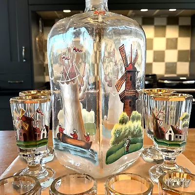Buy Dutch Antique Handpainted Decanter + 10 Small Crystal Glasses Windmills Boats • 38£