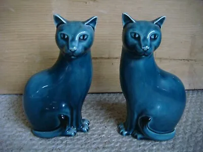 Buy Pair Of Vintage Mid Century Poole Teal Blue Pottery Cats 7  • 55£