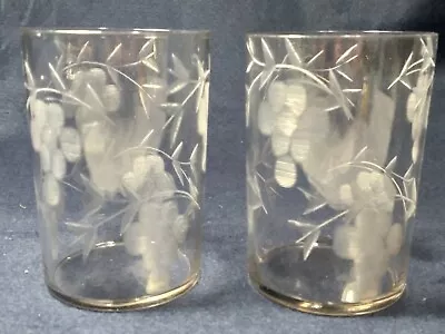 Buy 2 Antique Wheel Cut Drinking Glasses 3.75  Inches Tall Vines Grapes • 61.67£