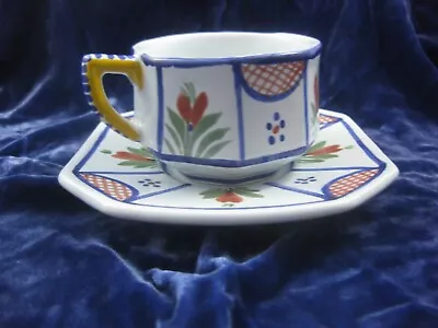 Buy HB Henriot Quimper Octagonal Cup And Saucer ~ Decor Mistral ~ Blue ~ Woman • 13.76£