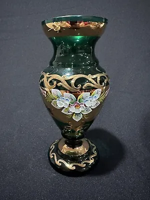 Buy Czech Bohemian 24K Gold Encrusted Enameled Green Art Glass Vase 8  • 75.16£