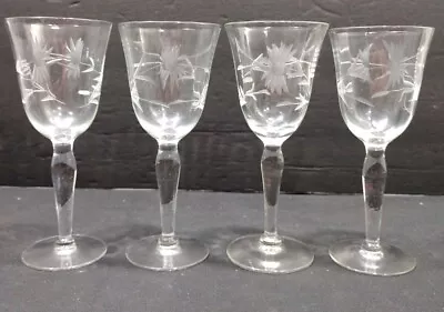 Buy Set 4 Vintage Etched Flowers 5oz Bar Ware Cordial  Stemmed Drink Clear Glasses  • 22.15£
