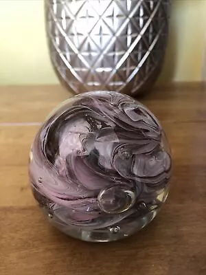 Buy Vintage Purple Pink Art Glass Paperweight Hand Blown Studio Forced Bubble Swirl • 25£