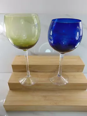Buy Tall Light Green And Blue Cut To Clear Crystal Wine Glasses Stem Goblet Set Of 2 • 28.20£