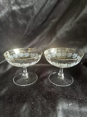 Buy Pair Of  Vintage Crystal Cut Glass Etched Small Champagne Saucers Gold Banding • 25£