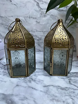 Buy Pair Of Moroccan Style Lantern Hanging Antique Clear Tea Light Candle Holder • 23.95£