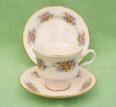 Buy Vintage Royal Kent Bone China Tea Trio - Cup Saucer & Side Plate - Pink & Blue • 7.99£