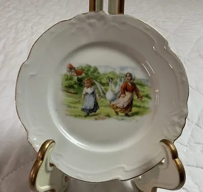 Buy Vintage Small Children’s Plate, Transfer Ware, Germany, Girls, House, Geese • 13.91£