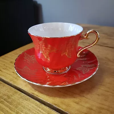 Buy Sutherland H & M Bone China England Swirl Tea Cup & Saucer Red/gold Vintage • 20.82£