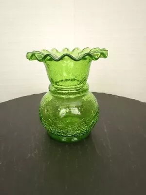 Buy VTG Green Crackle Glass Vase, 4 , Handblown, Fluted Edge, MCM  • 19.21£