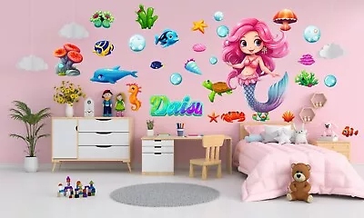 Buy 3D Mermaid Personalised Wall Stickers Set Nursery Kids Girl Room Wall Decals MS5 • 17.50£