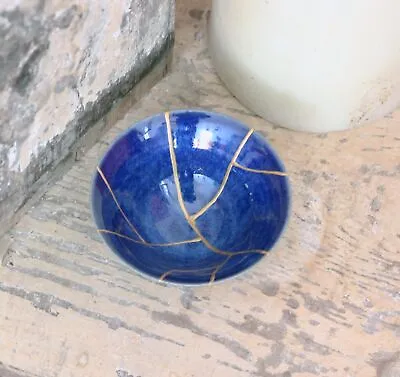 Buy 18k Gold Kintsugi Bowl Handmade Wabi Sabi Ceramic - Blue • 107.36£