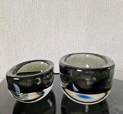 Buy 2 X Nils Landberg For Orrefors Oblong Bowls Grey Smoke Sommerso Glass - 2 Sizes • 185£