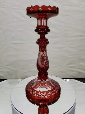 Buy Candle Holder Candlestick Bohemian Glass Red Flashed Cut To Clear Etched Cut Vtg • 66.36£