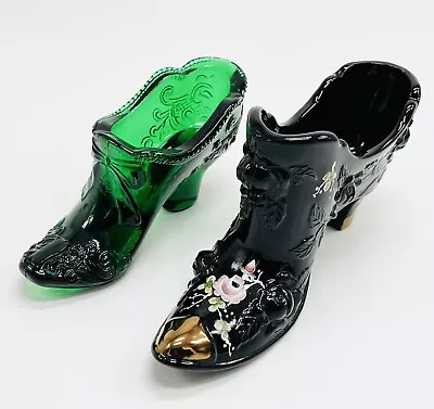 Buy 2 Vintage Fenton Art Glass Shoes Boots Black Hand Painted Signed Green • 23.72£
