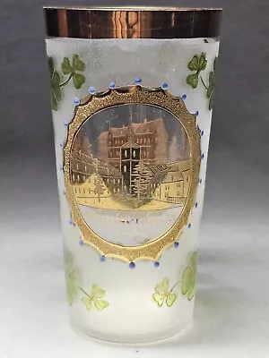 Buy RARE Antique 1800’s Bohemian Spa Tumbler Engraved Buildings With Enamel Clovers • 117.90£