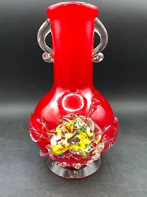 Buy VASE Cranberry Red Colour 7 3/4  Tall Glass Flower Design Vintage Hand Blown • 7.97£