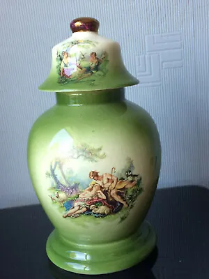Buy Chipped Lid - Antique KLM Pottery Jar Green W/LOVE Scene Ceramic Vase Lidded Urn • 20£