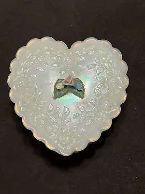 Buy Fenton Iridescent Heart Shape Trinket Jewelry Box With Lid Dish 3D Roses On Top • 39.60£