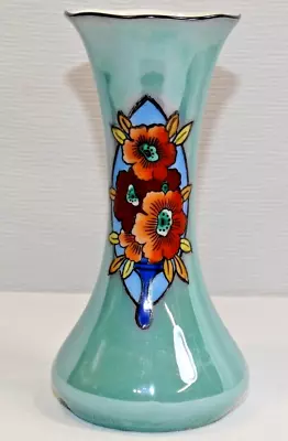 Buy Vintage Noritake Turquoise Lustreware Vase W/ Flowers Black Trim Maroon Mark • 23.62£