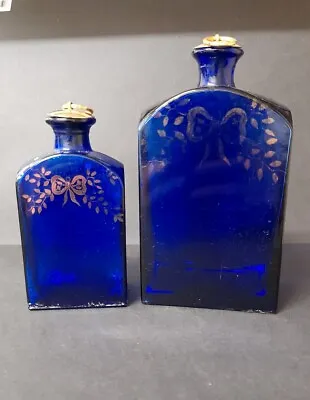 Buy Vintage 7  And 5.5 Bohemian Cobalt Blue & Gold Glass Vanity Bottle W/ Stopper X2 • 45£