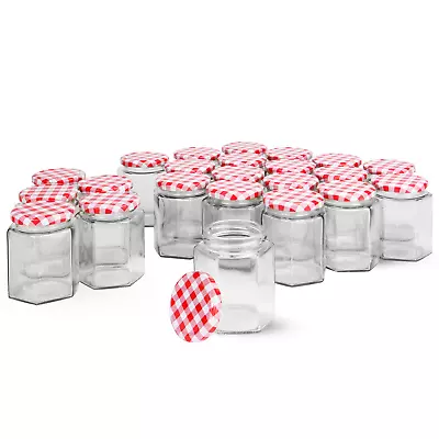 Buy Glass Jam Jars Hexagonal Mouth Gingham Lids X24 Jar 250ml Preserve Pots | M&W • 16.99£