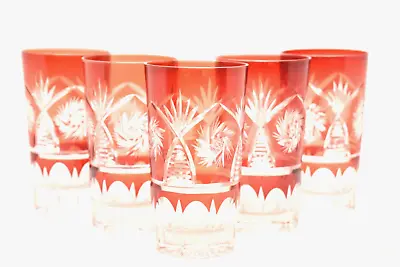 Buy Vtg Set 5 Bohemian Czech Cut To Clear Crystal Tumblers Glasses Red Pinwheel • 211.82£