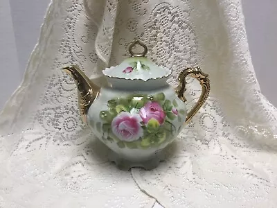 Buy Vtg Lefton Heritage Rose Green Garden Teapot~Hand Painted~Gold Trim Orig Label • 81.63£