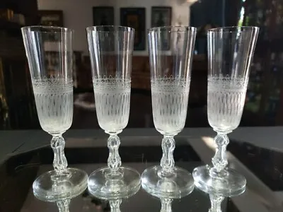 Buy (4) Champagne Glasses 7  Flutes Antique Crystal Needle Etched Bubble Stem C.1900 • 180.48£