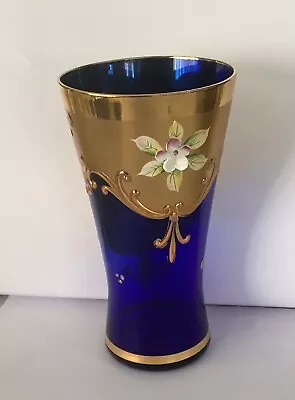 Buy Vintage Egermann Bohemian Czech Colbalt Blue Glass Vase Gold Gilt Enamel Floral • 24.95£