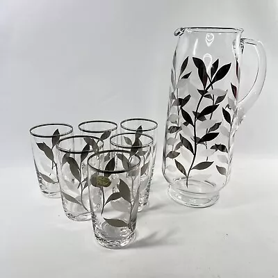 Buy Vintage Bohemian Glass & Pitcher Jug Set 6 Glasses Silver Floral Leaf Drinking • 25.99£