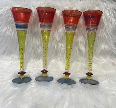 Buy 4 Pier 1 Champagne Glasses Flutes Red Green Blue 10 3/4  Festive Harlequin • 62.34£