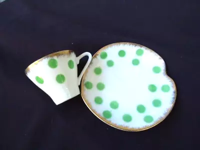 Buy Vintage  Tea Cup & Saucer Oblong Tennis Set Polka Dot  Green  Fine China Japan • 12.63£