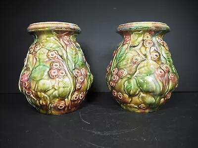 Buy Antique ? Pair Of Majolica Floral Vases Made In England 18.5cm • 34.99£