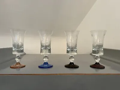 Buy 4 Vintage Footed Shot Glasses Small Liqueur Vodka Multi Set Etched Glass Crystal • 19.99£