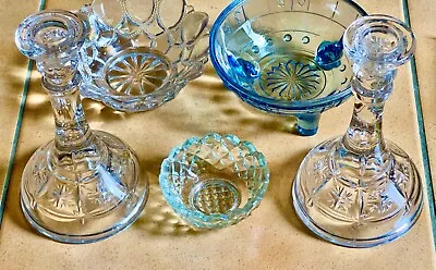 Buy Vintage Set Of Clear Glass Candle Holders With 3 Small Dishes 1 Blue • 24.95£